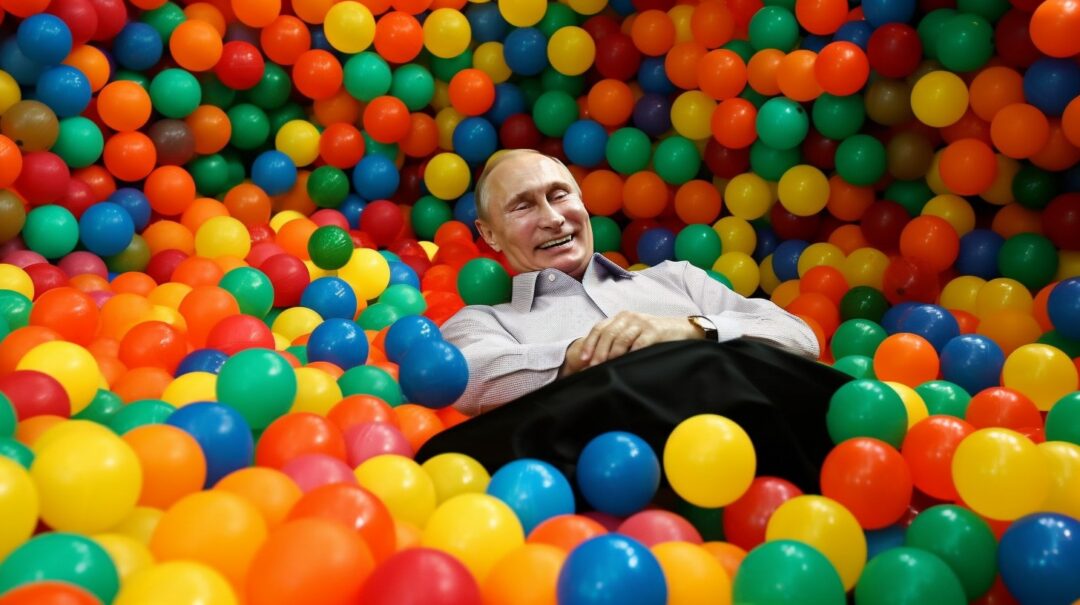 world leaders and businessmen playing in a ball pit