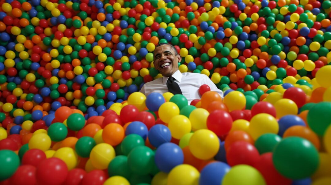 world leaders and businessmen playing in a ball pit