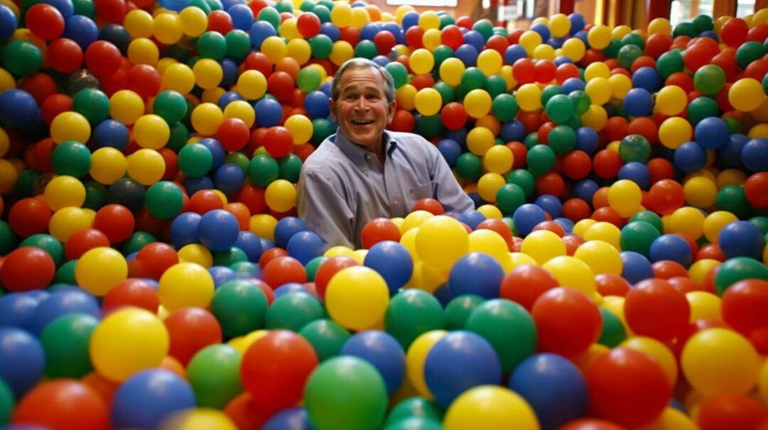 world leaders and businessmen playing in a ball pit