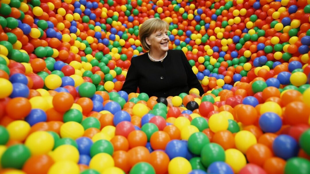 world leaders and businessmen playing in a ball pit