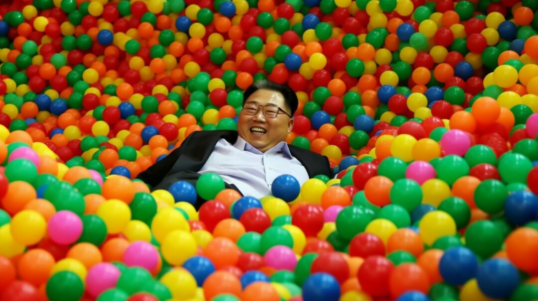 world leaders and businessmen playing in a ball pit