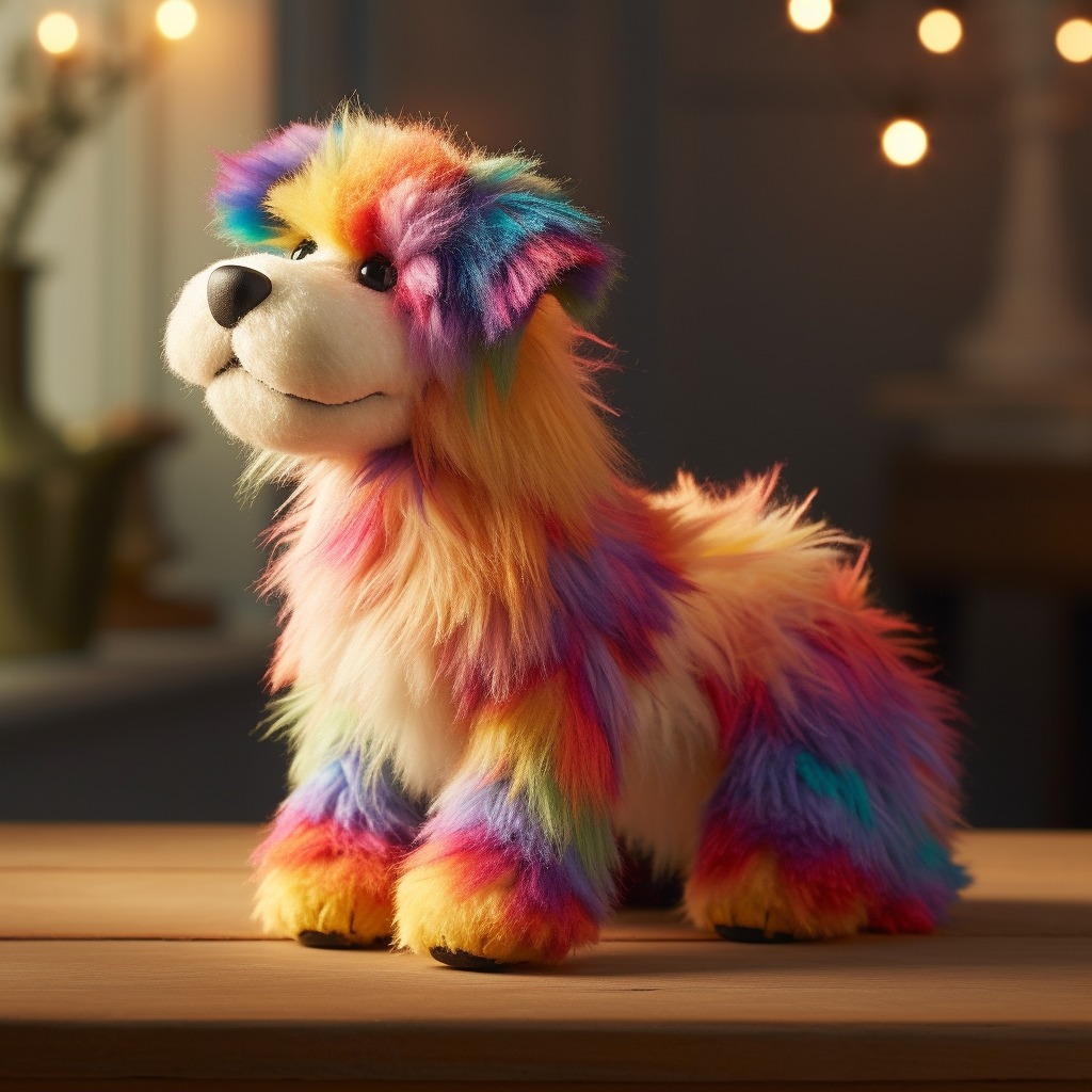 Colorful stuffed dogs and cats